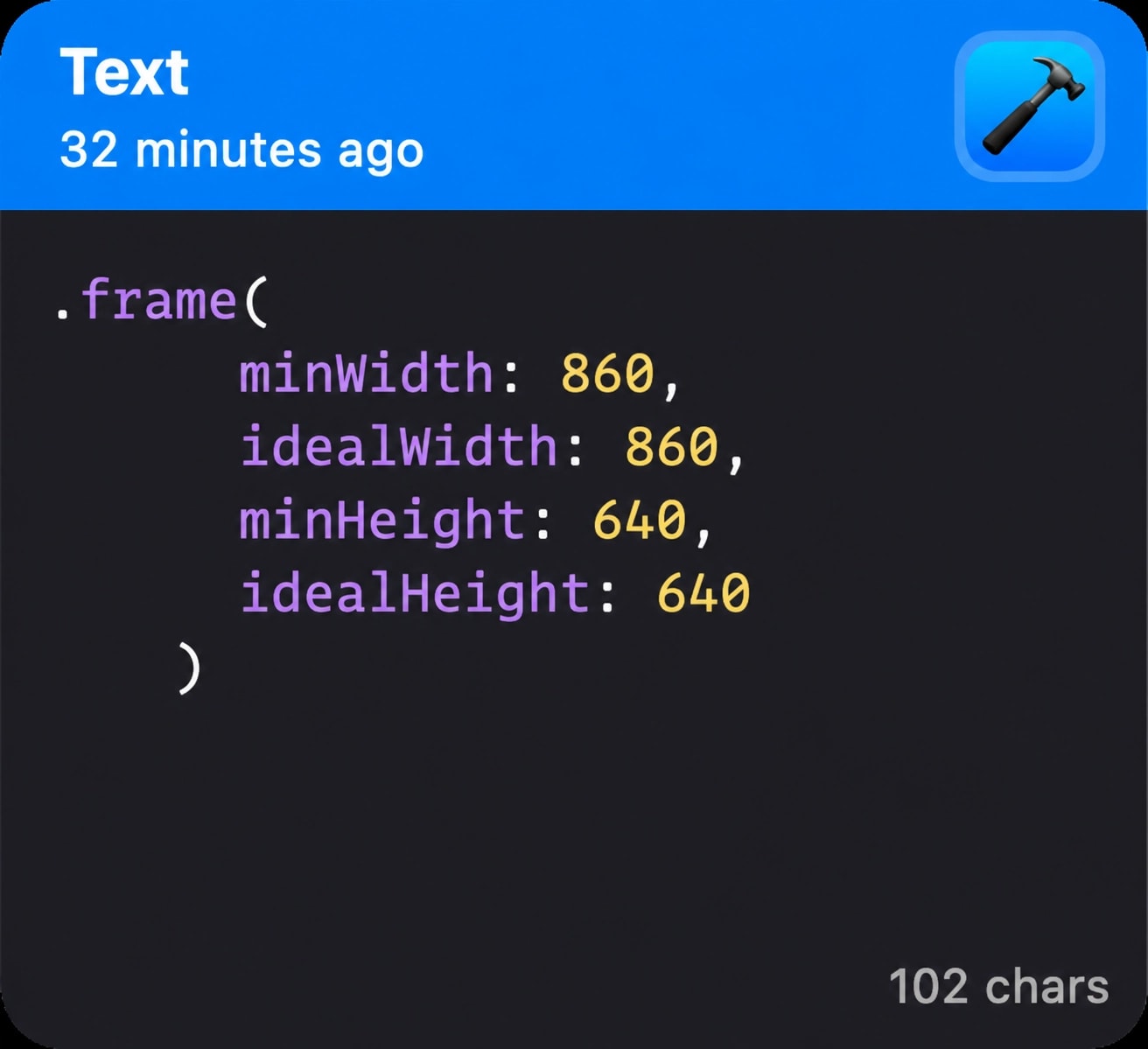 A copied code snippet in Pastely, keeping its indentation and syntax coloring, with the app it came from.