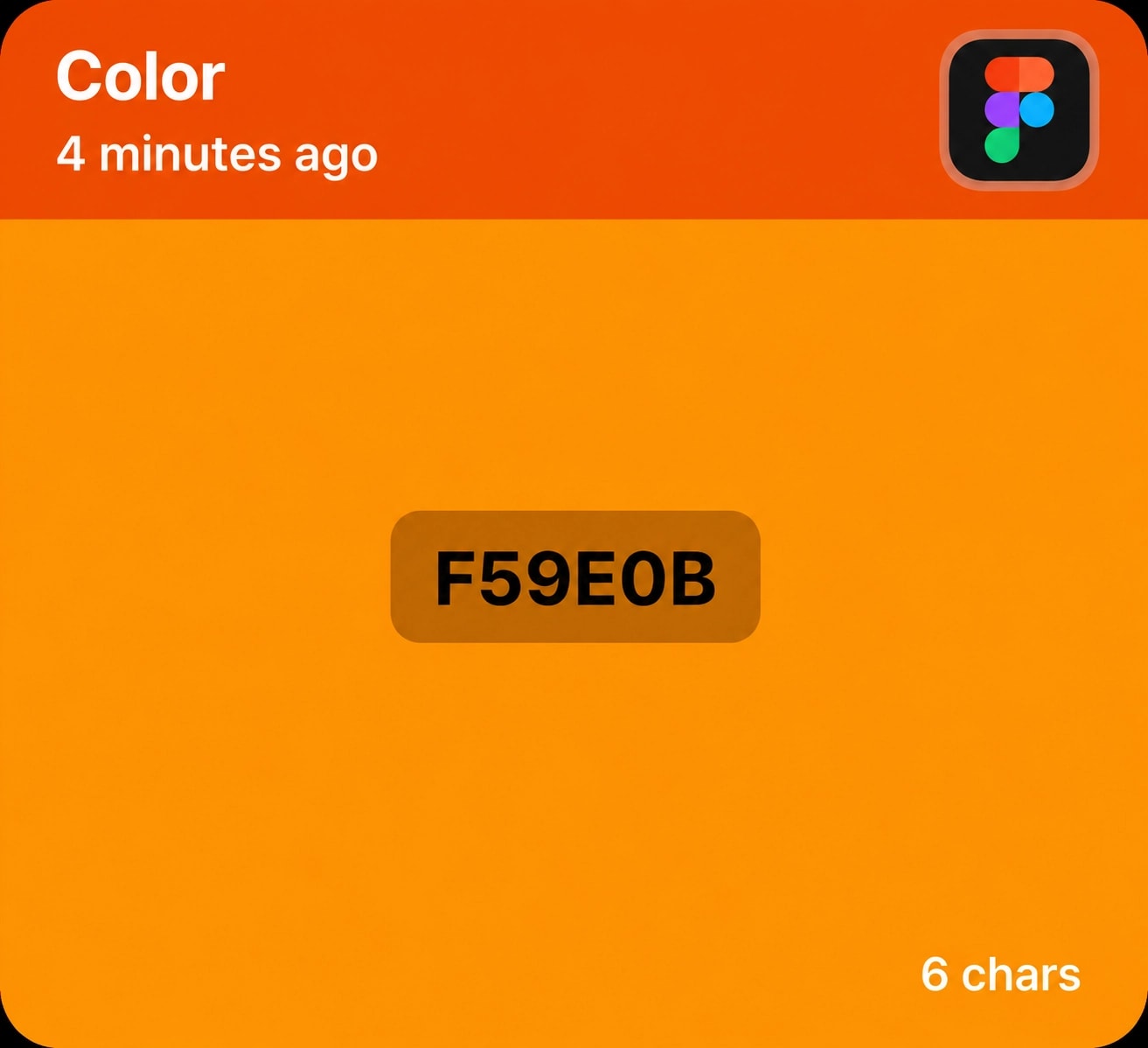 A copied color in Pastely, filling the card with the color itself alongside its hex value and the app it came from.