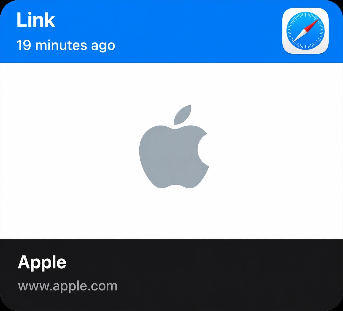 A copied link in Pastely, showing the page title, its address and the app it came from.