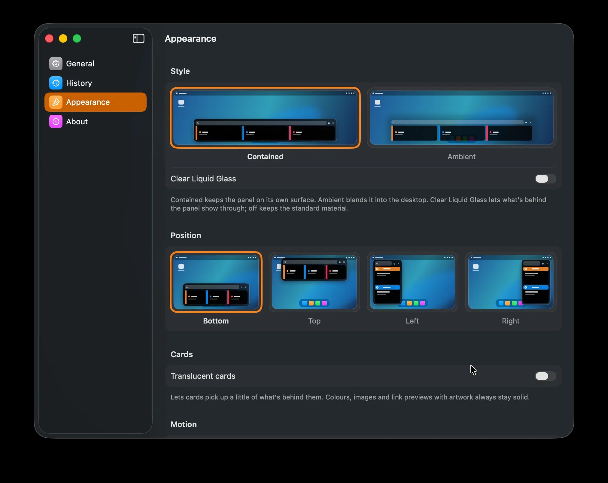 Pastely's Appearance settings, with Contained and Ambient styles, the four screen positions, and toggles for Clear Liquid Glass and translucent cards.